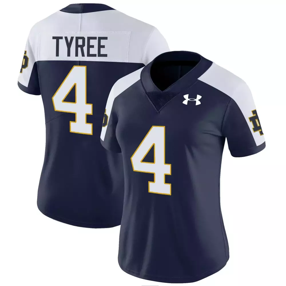 Chris Tyree 4 Jersey Navy Blue Notre Dame Fighting Irish Women Replica White Gold