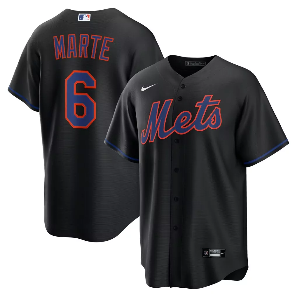 Marte 6 New York Mets Jersey Black Men Authentic Alternate Blue Orange Replica