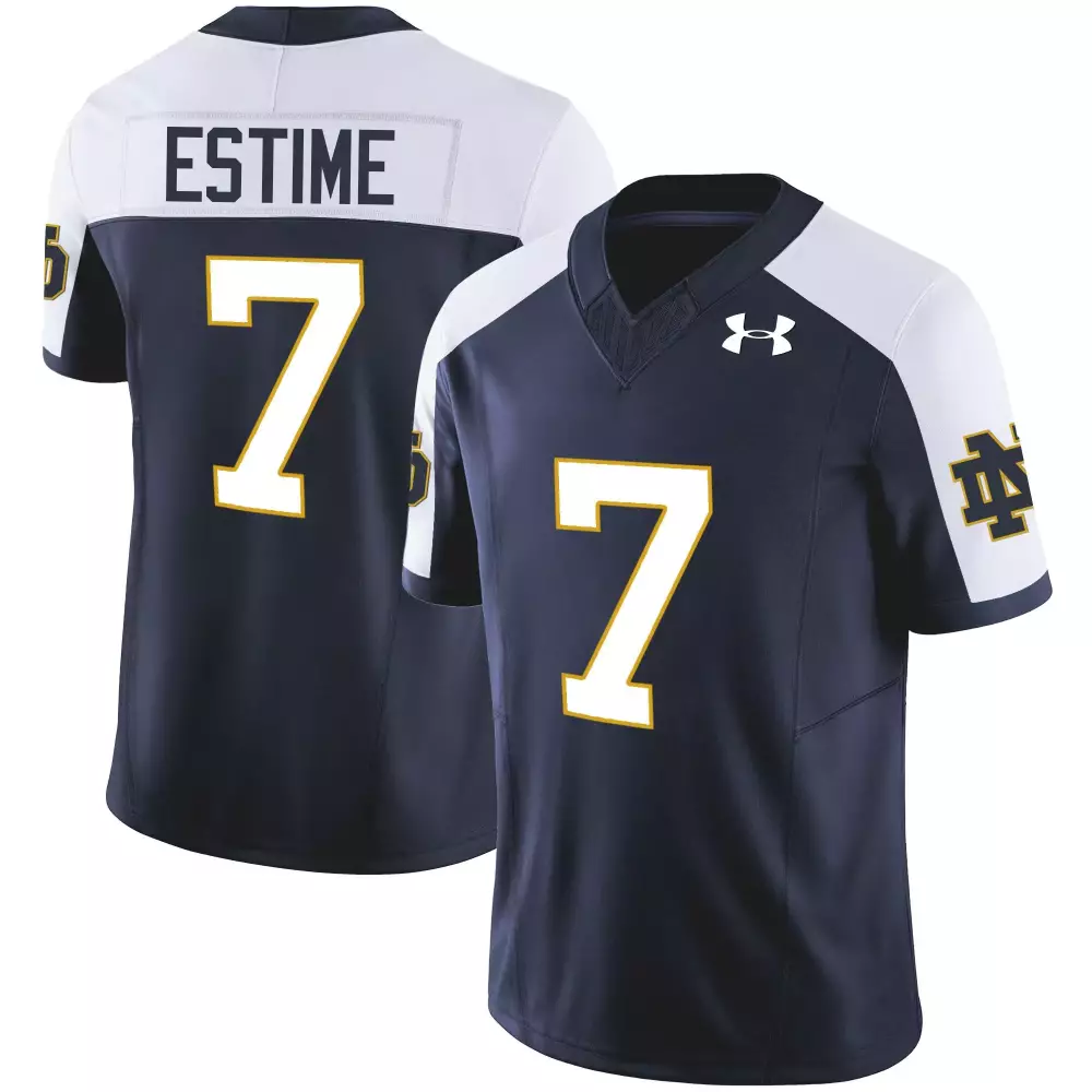 Audric Estime 7 Jersey Navy Blue Notre Dame Fighting Irish Men Authentic White Gold
