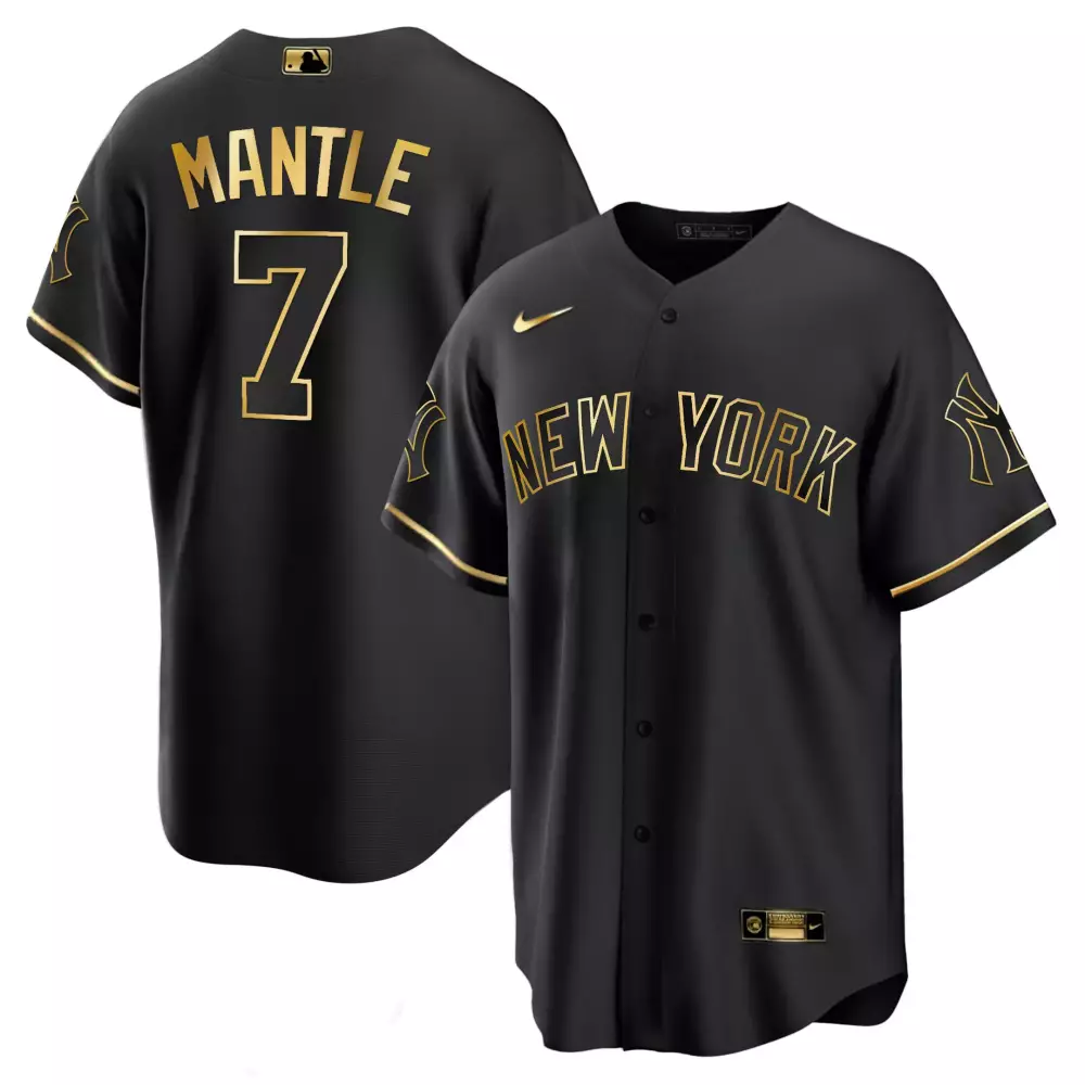 Mickey Mantle 7 New York Yankees Jersey Black Men Authentic Gold All Stitched