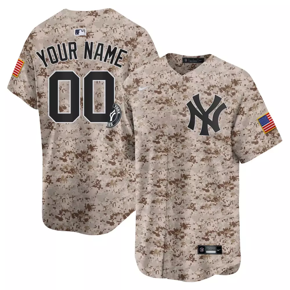 Custom New York Yankees Jersey Tan Digital Camo American Flag Men Authentic Design
