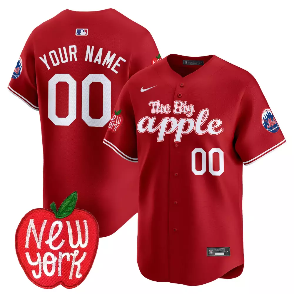 Custom New York Mets Jersey Red The Big Apple Men Authentic Alternate White Blue