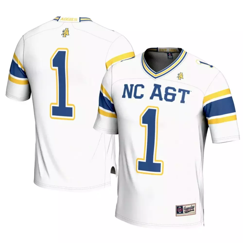 Custom Nc A&t Aggies 1 Jersey White Replica Blue Gold Gameday