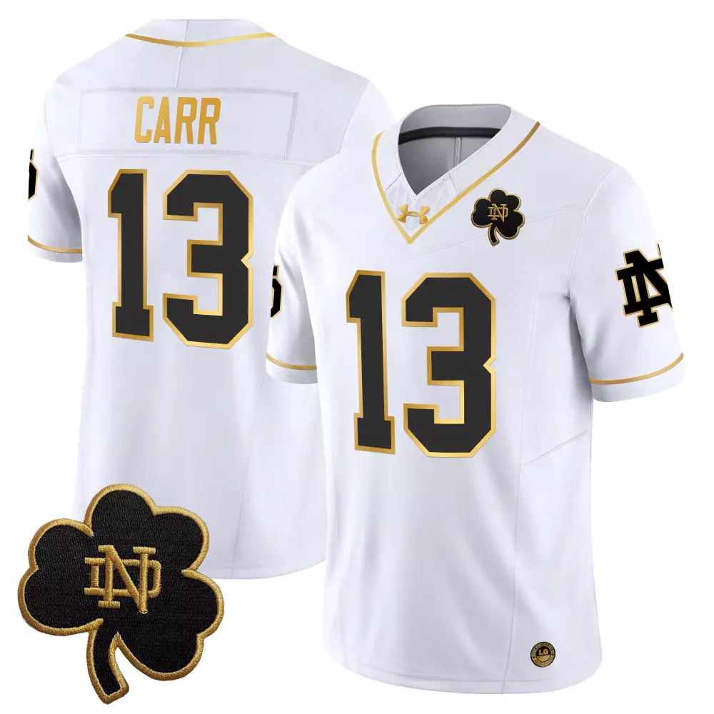Carr Fighting 13 Jersey White Notre Dame Irish Clover Men Authentic Black Gold Vapor