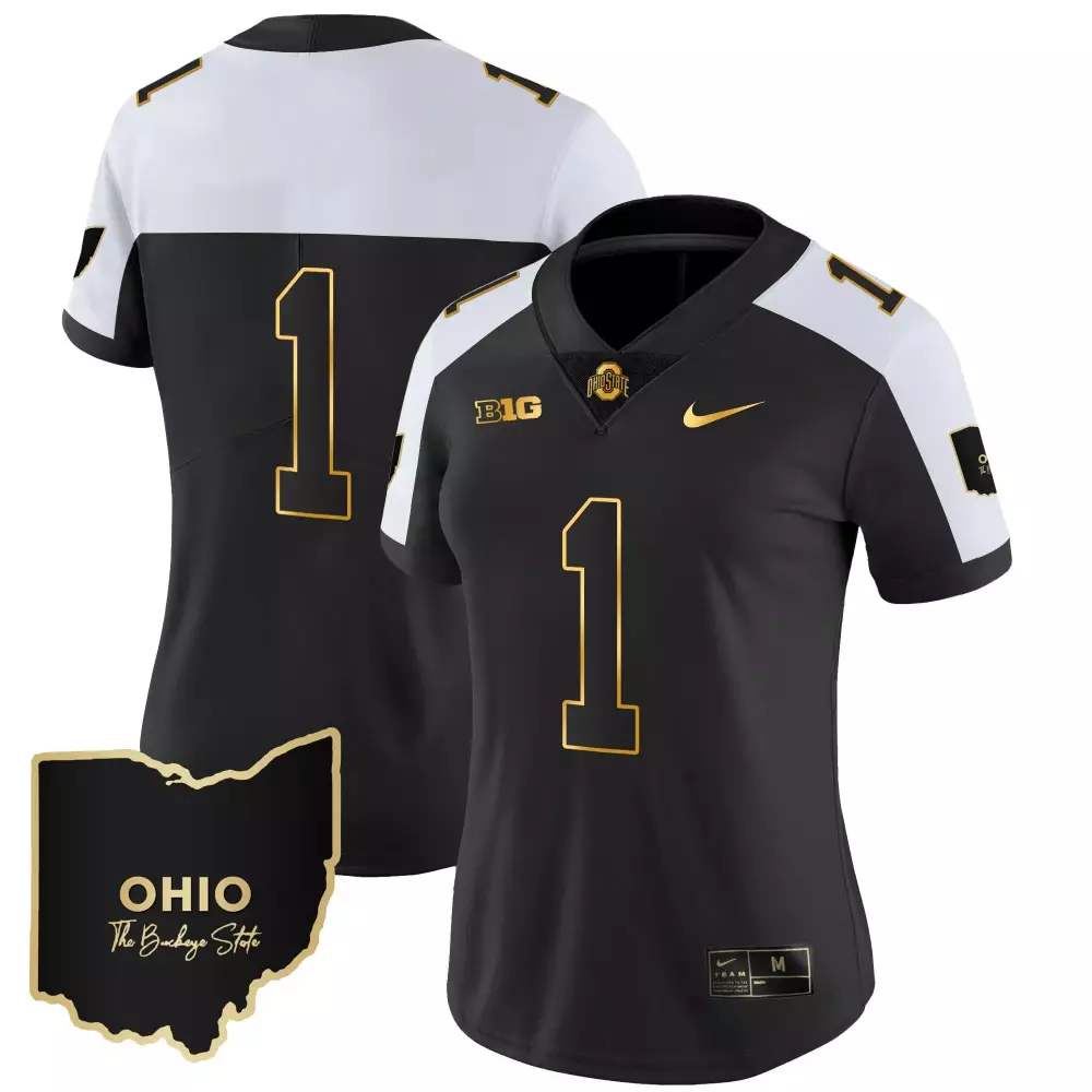 Custom Ohio State Buckeyes 1 Jersey Black The Buckeye Women Replica White Gold Alternate