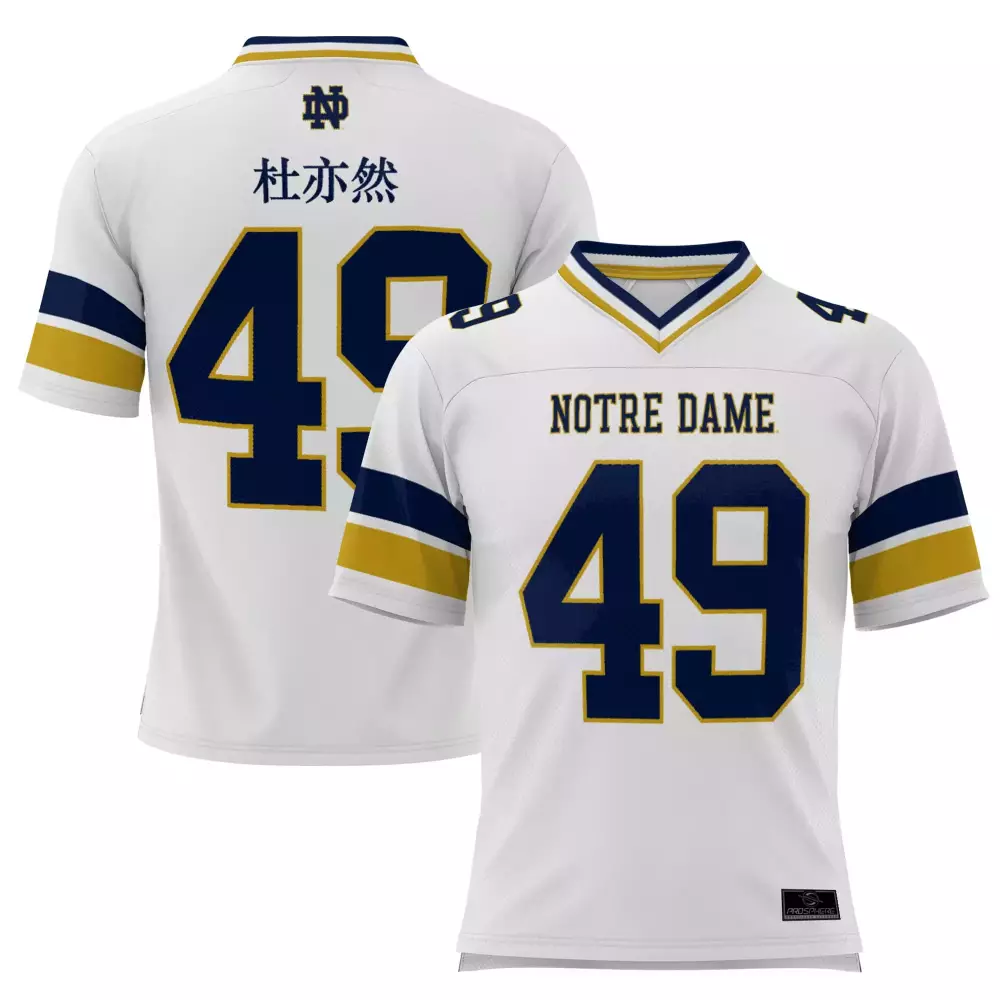 杜亦然 49 Notre Dame Jersey White Unknown Navy Blue Gold All Stitched Vapor Custom