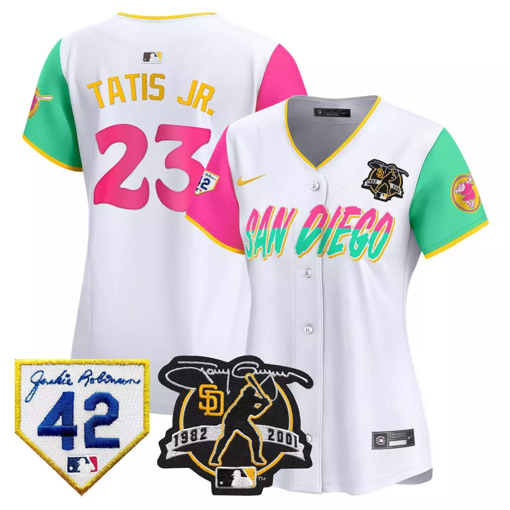 Tatis Jr. 23 San Diego Padres Jersey White City Connect Jackie Robinson 42 Tony Gwynn 1982 2001