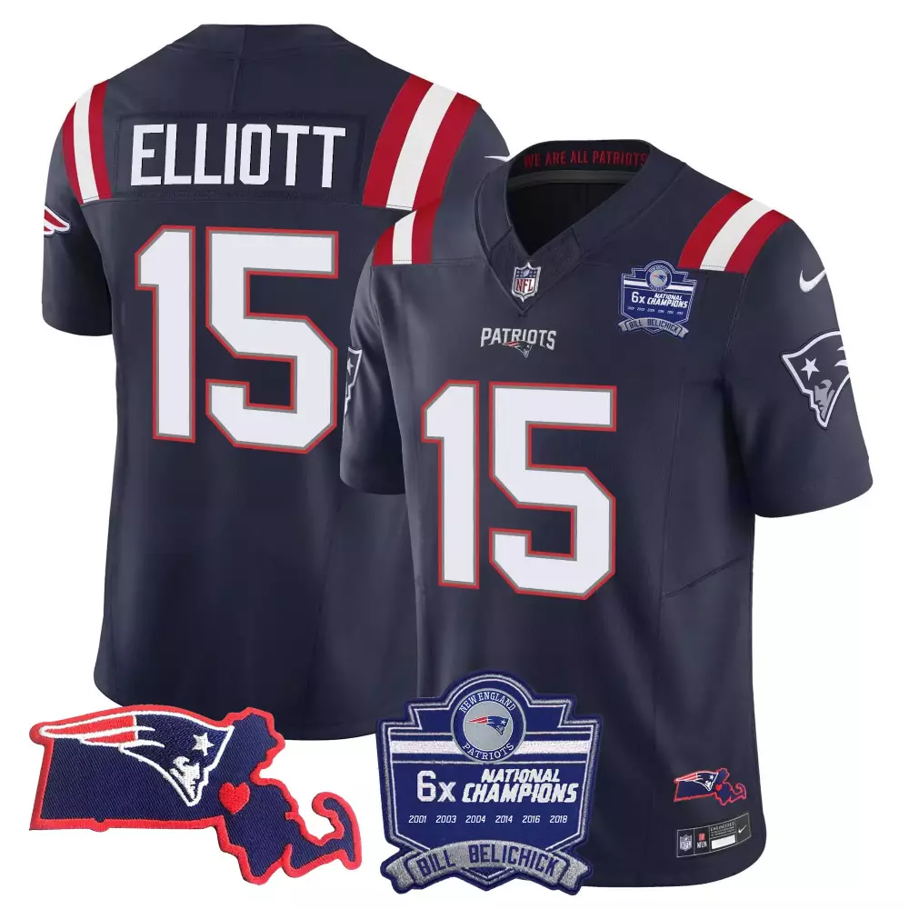 Ezekiel Elliott 15 Jersey Navy Blue Null New England Patriots 6x Champions Men White
