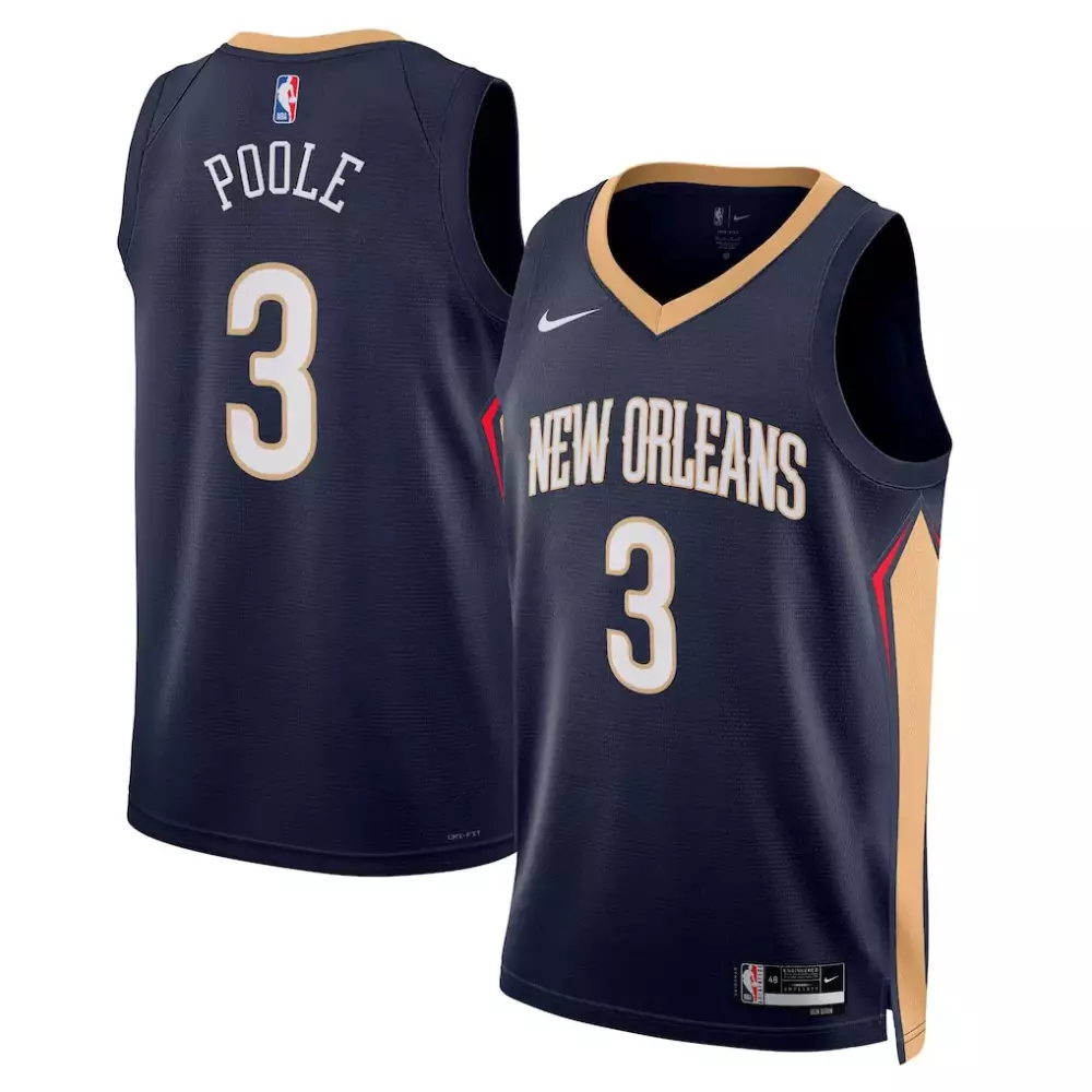 Jordan Poole 3 New Orleans Jersey Navy Blue Men Split Design Gold Red Unisex Swingman