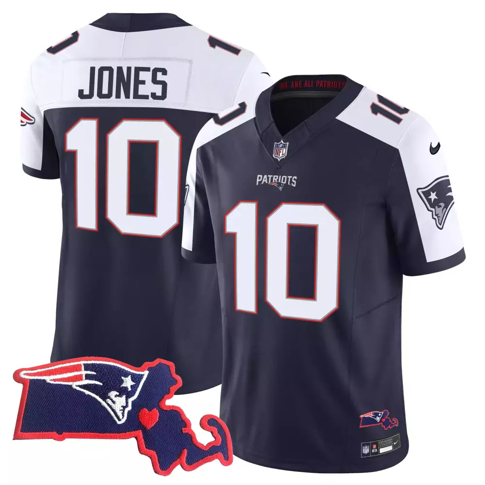 Jones 10 New England Patriots Jersey Navy Blue Massachusetts State Outline Heart