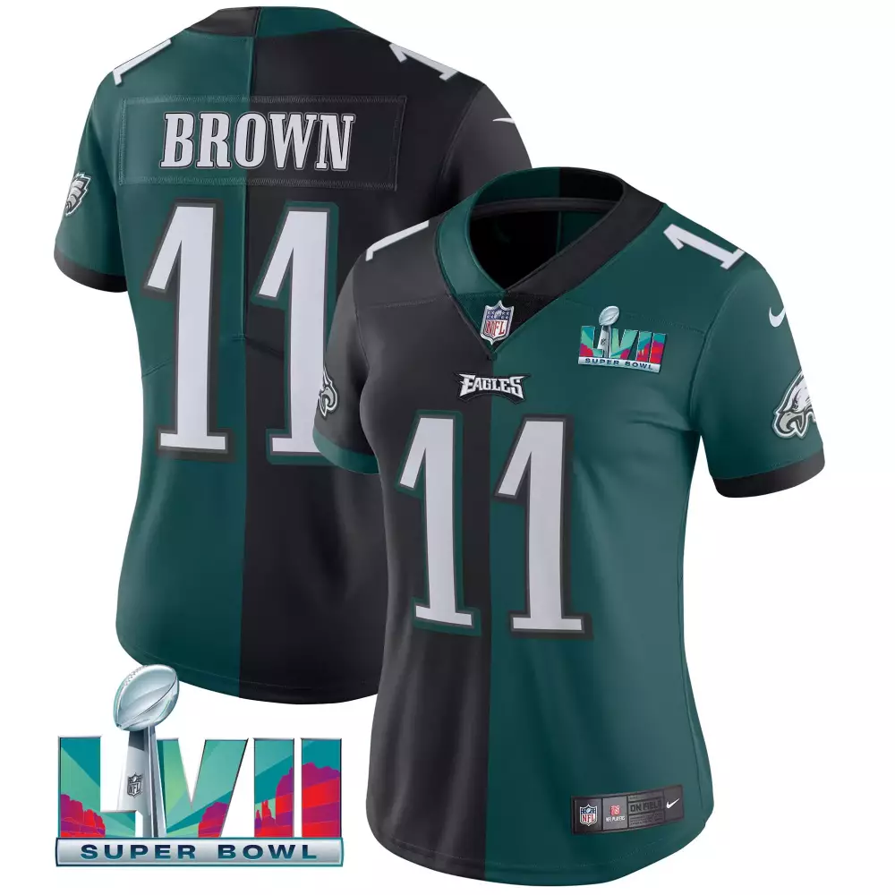 Brown 11 Eagles Jersey Green Super Bowl Lvii Women Game Split Design Black All Stitched