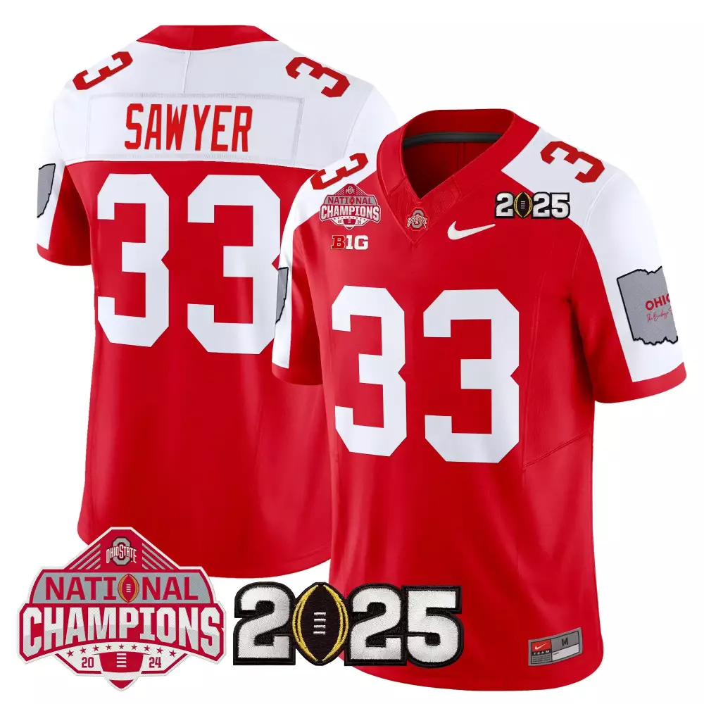 Sawyer 33 Ohio State Buckeyes Jersey Red National Champions 2025 Men Authentic White