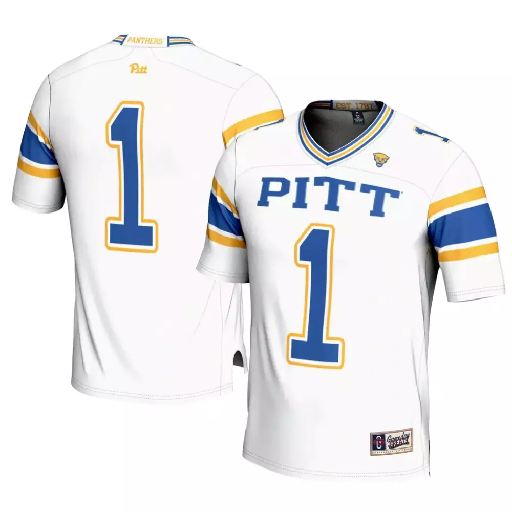 Custom Pittsburgh Panthers 1 Jersey White Gameday Greats Men Replica Blue Gold