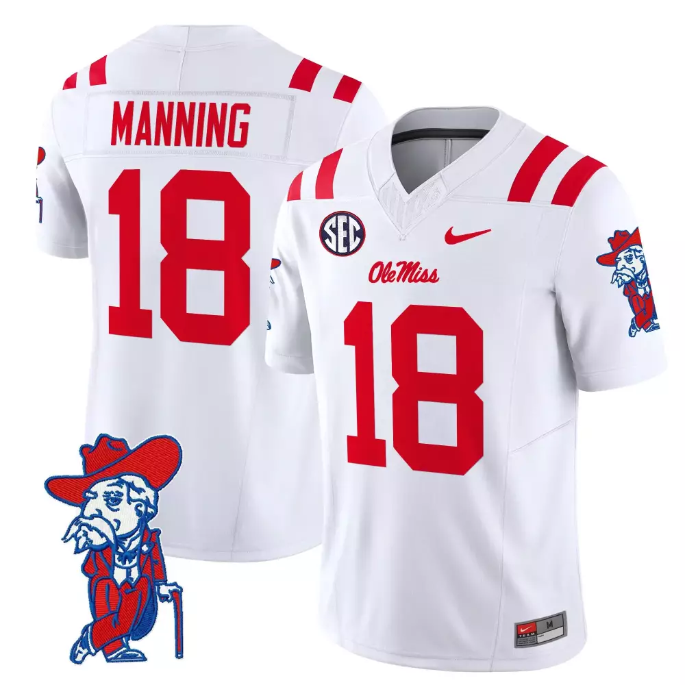 Manning Rebels 18 Ole Miss Jersey White Men Stitched Red Vapor All Embroidered