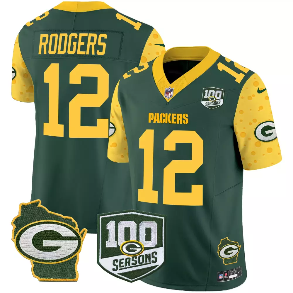 Aaron Rodgers 12 Jersey Green 100th Season Bay Packers 100 Seasons Men Limited Yellow