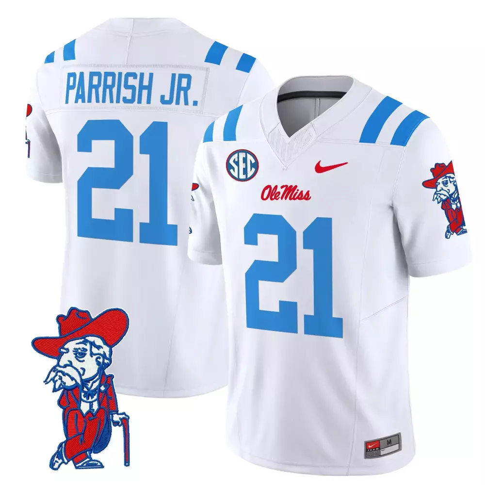 Parrish Jr. 21 Ole Miss Rebels Jersey White Colonel Reb Men Stitched Blue Red Vapor