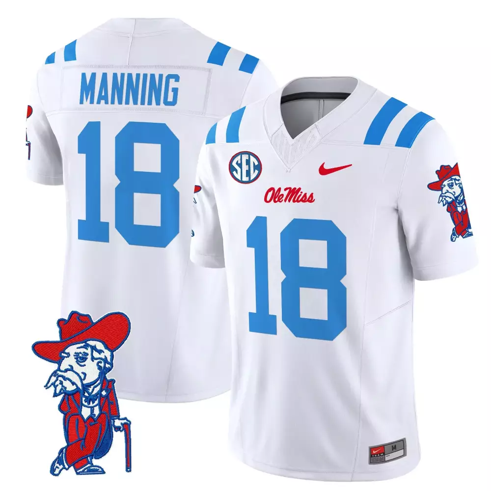 Manning Rebels 18 Ole Miss Jersey White Men Authentic Light Blue Red Vapor All Stitched