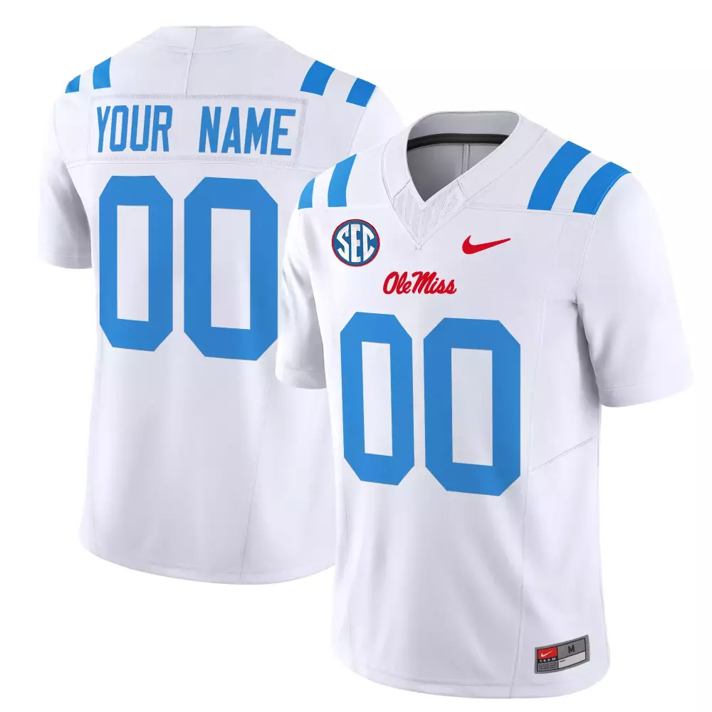 Custom Ole Miss Rebels Jersey White Men Authentic Light Blue Red Vapor Limited Embroidered