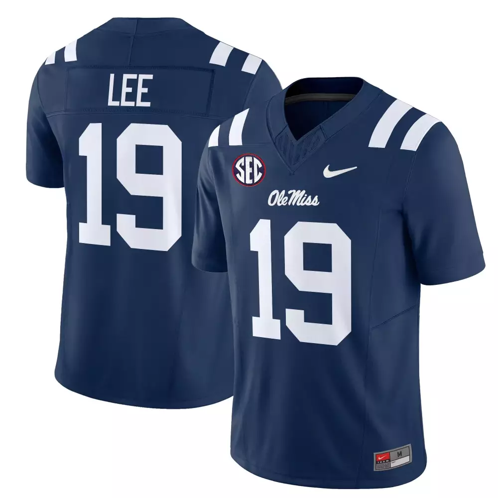 Lee Rebels 19 Ole Miss Jersey Navy Blue Men Replica White Vapor All Stitched Embroidered
