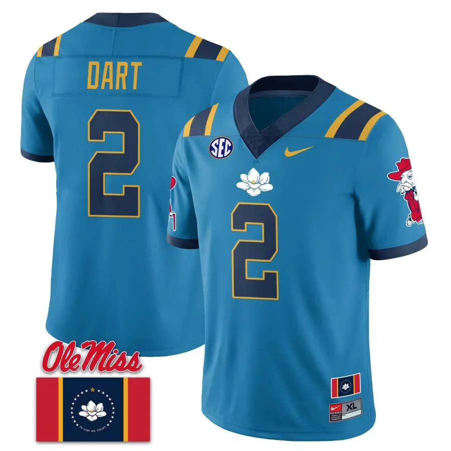 Dart Rebels 2 Ole Miss Jersey Blue Flag Men Authentic Navy Yellow All Stitched