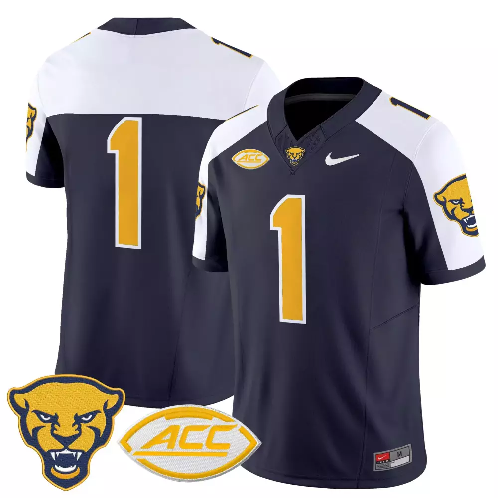 Custom Pittsburgh Panthers 1 Jersey Navy Blue Men Stitched White Gold Vapor All Embroidered