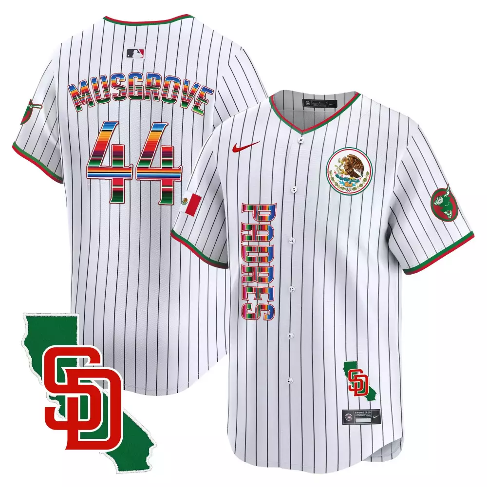 Joe Musgrove 44 San Diego Padres Jersey White Mexico Day Flag California Outline