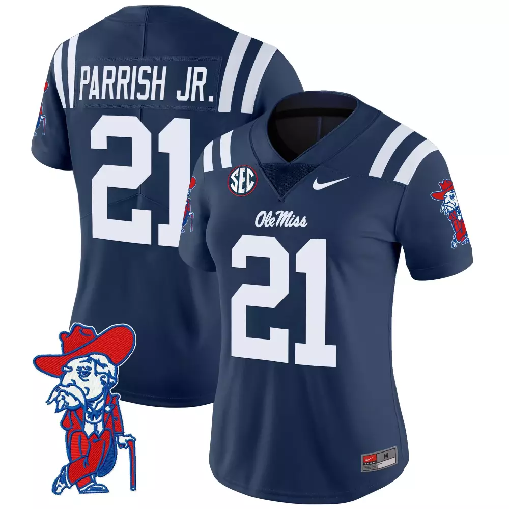 Parrish Jr. 21 Ole Miss Rebels Jersey Navy Men Authentic White Red Vapor Limited
