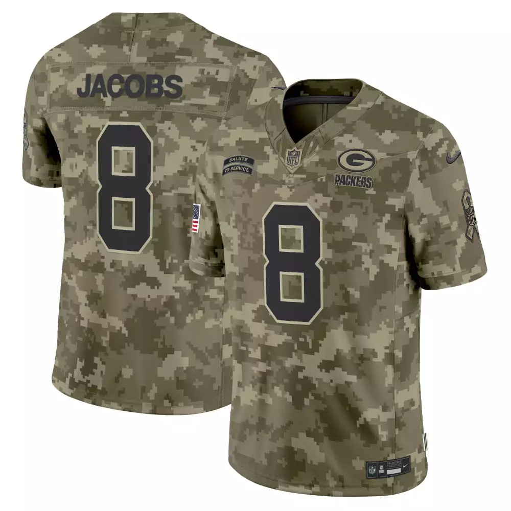Josh Jacobs 8 Green Bay Packers Jersey Camouflage Salute To Service American Flag