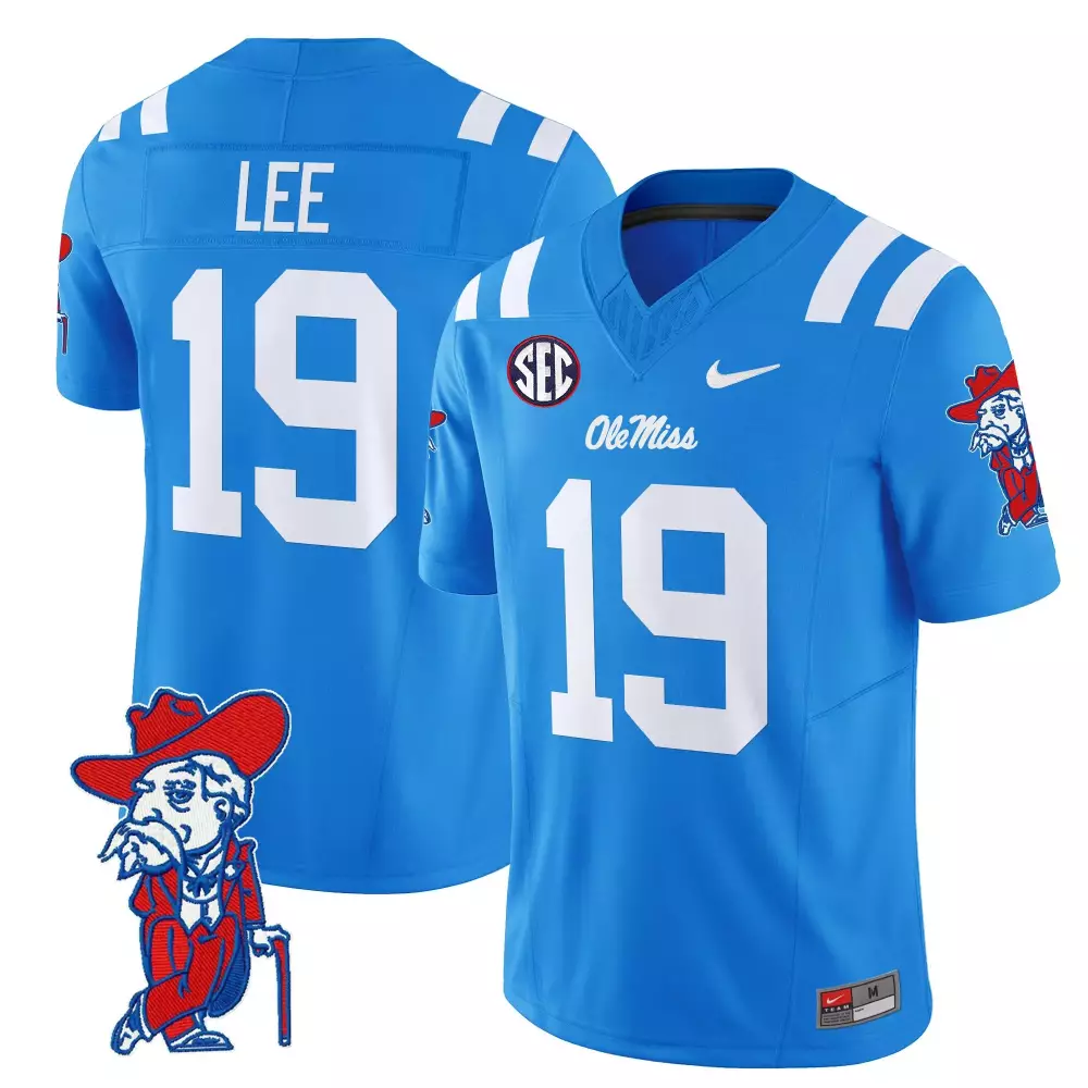 Lee Rebels 19 Ole Miss Jersey Blue Men Authentic White Vapor All Stitched Embroidered