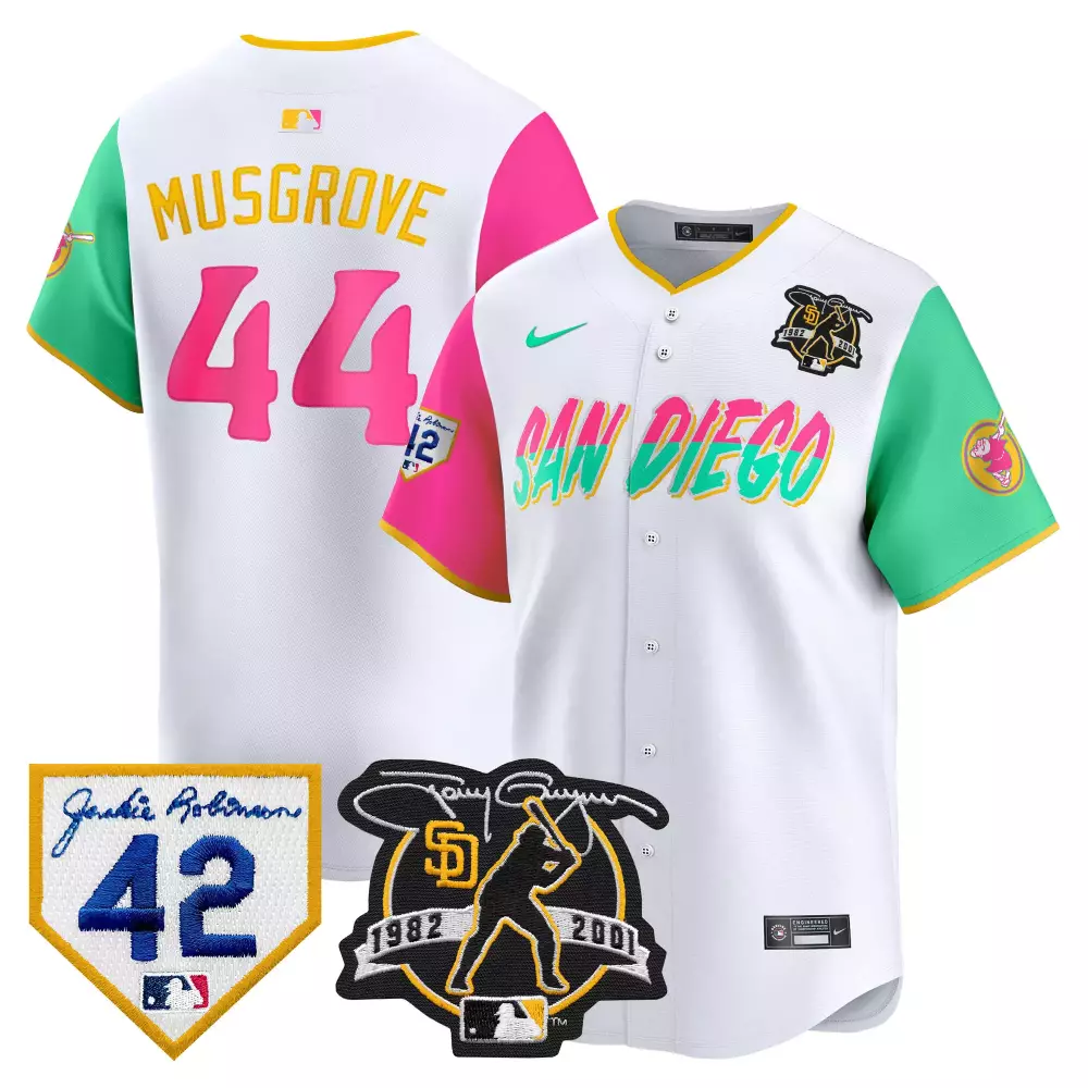 Joe Musgrove 44 San Diego Padres Jersey White City Connect Jackie Robinson 42 Tony Gwynn 1982 2001