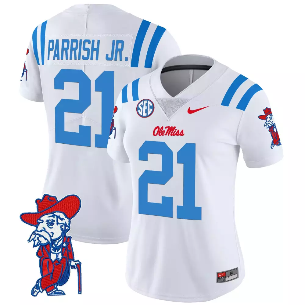 Parrish Jr. 21 Ole Miss Rebels Jersey White Women Replica Blue Red Vapor Limited