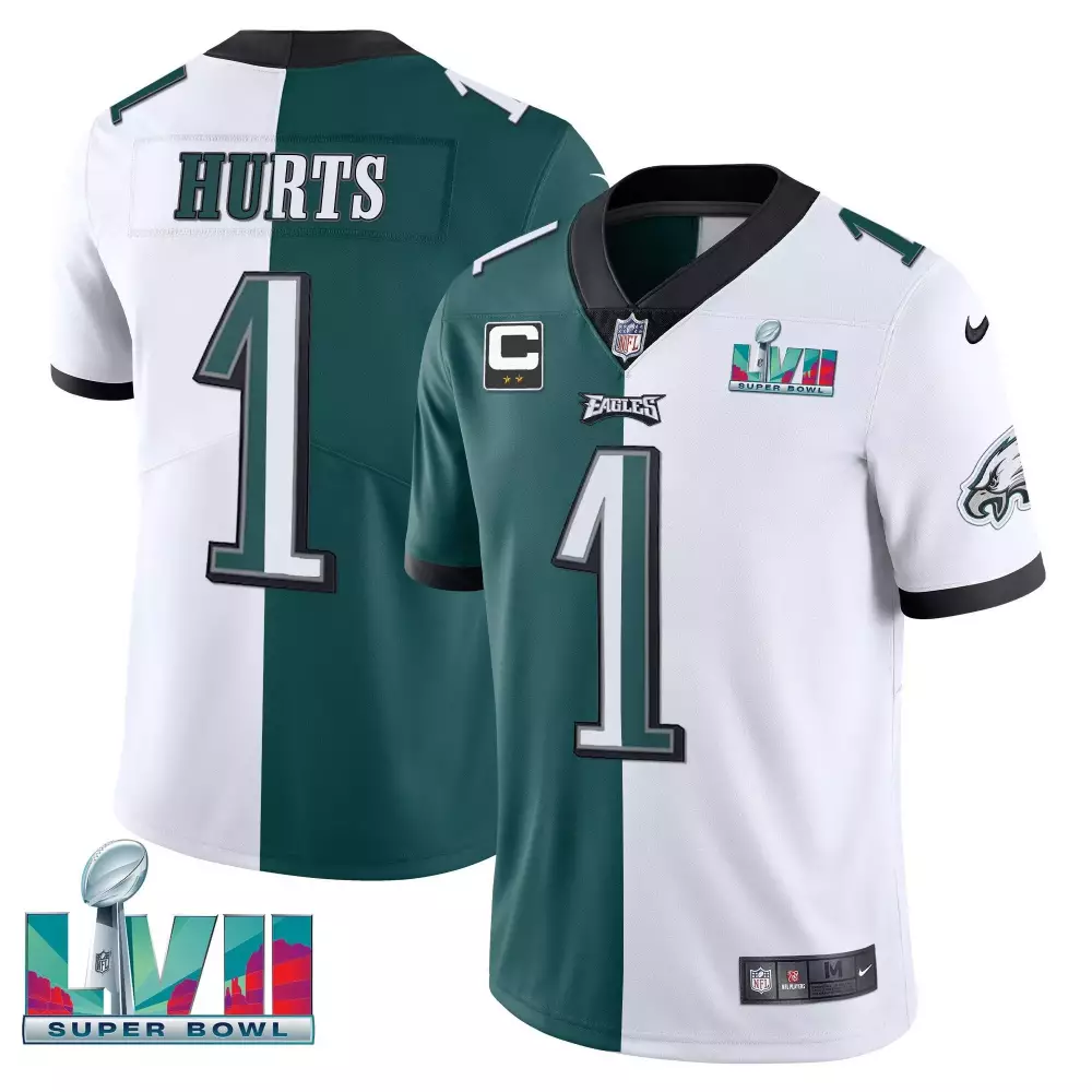 Jalen Hurts 1 Eagles Jersey Green Super Bowl Lvii Men Split Design White Vapor All