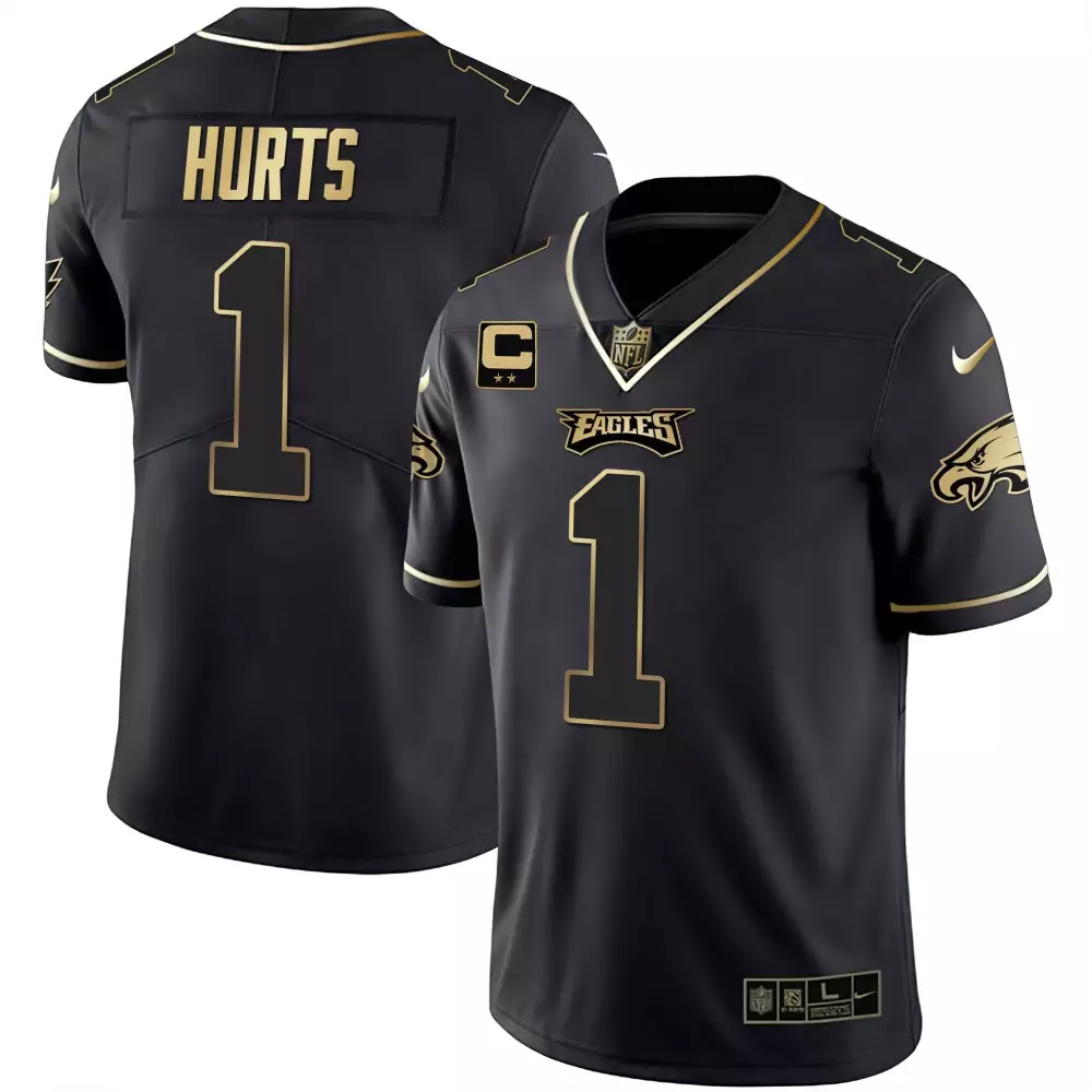 Jalen Hurts 1 Eagles Jersey Black Alternate (captain) Men NFL Gold Vapor All Stitched