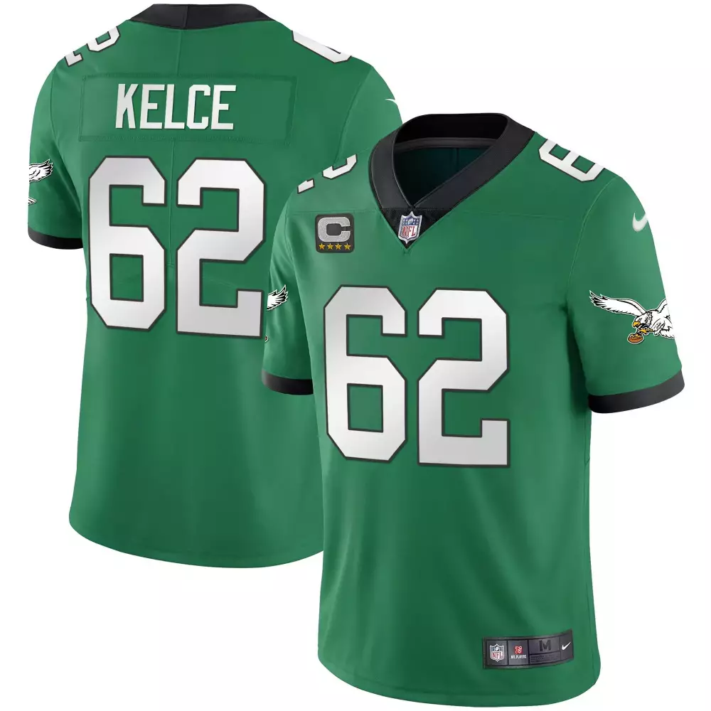 Kelce 62 Eagles Jersey Green Captain's Four Stars Men White Black Stitched