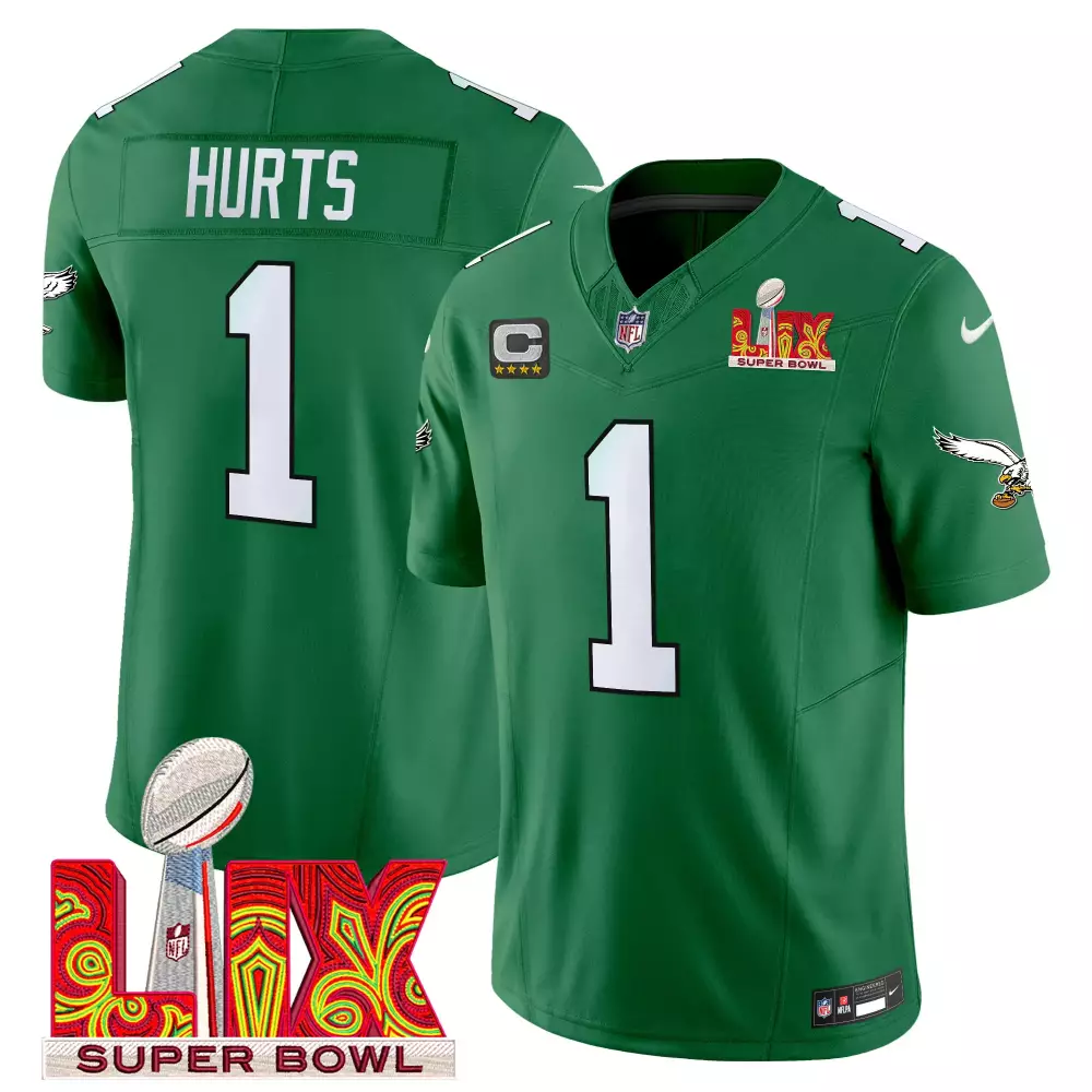 Jalen Hurts 1 Eagles Jersey Green Super Bowl Lix Men White Vapor Limited All Stitched