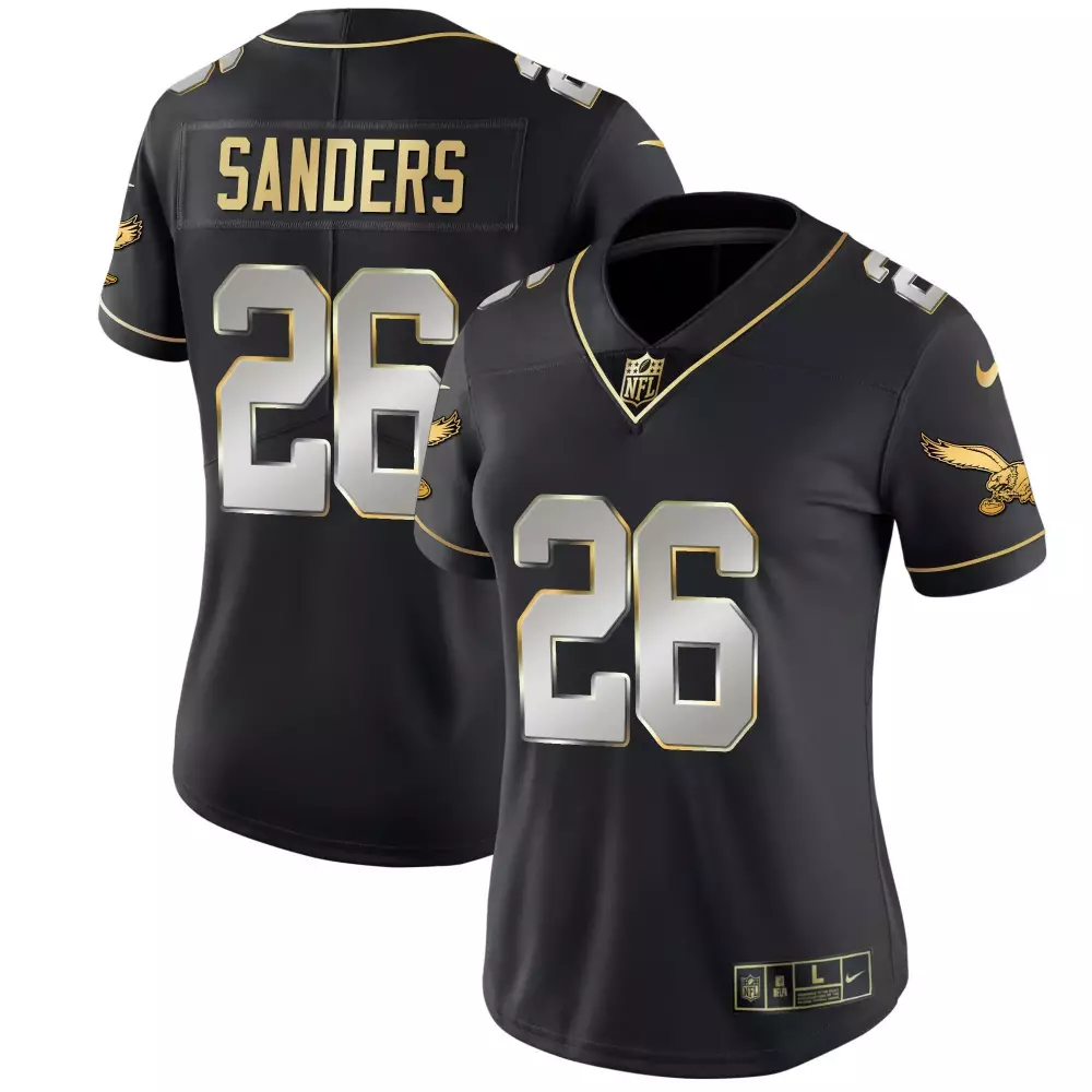 Miles Sanders 26 Jersey Black Philadelphia Eagles Women Short Sleeve Gold Silver