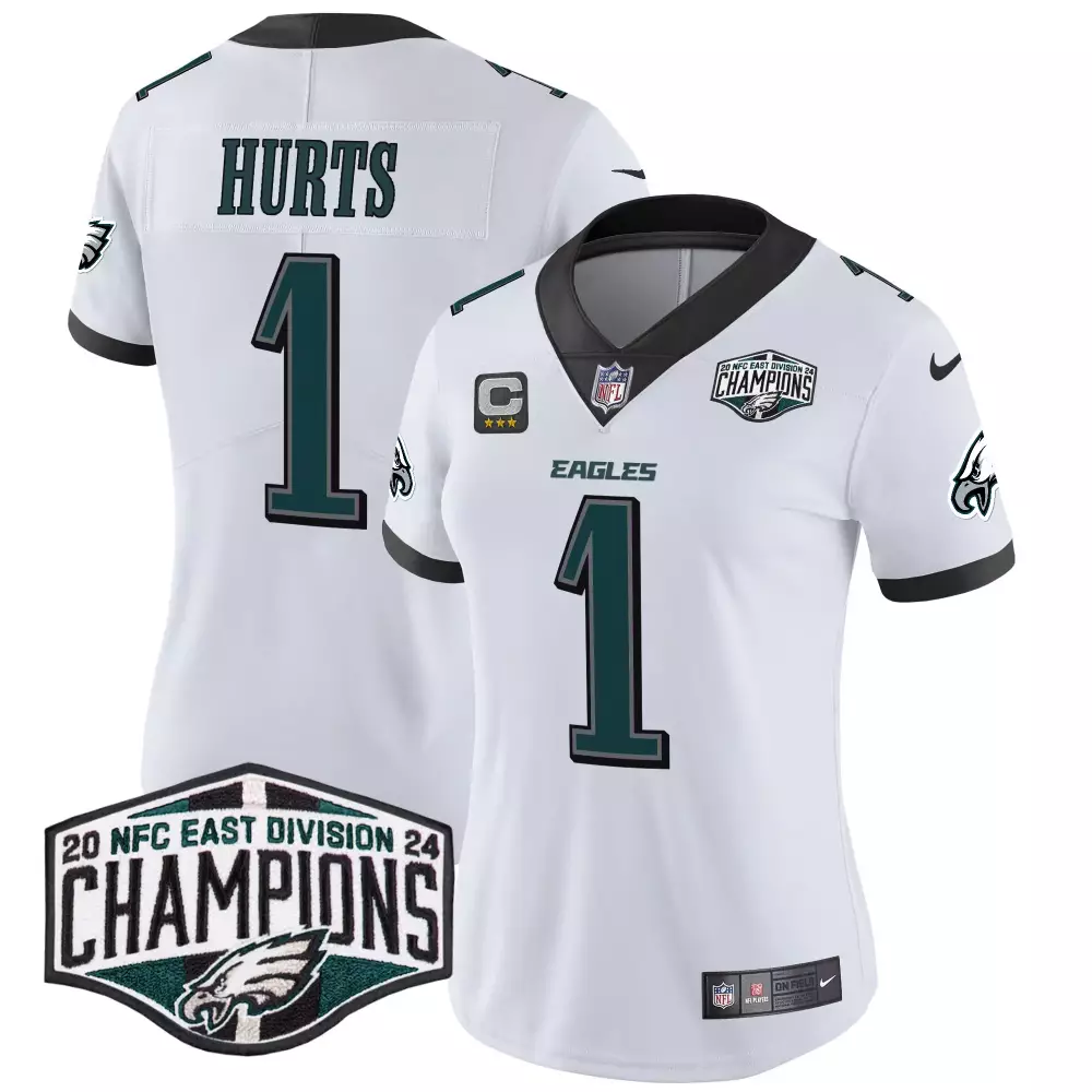Jalen Hurts 1 Eagles Jersey White 2024 NFC East Division Champions Men NFL Green
