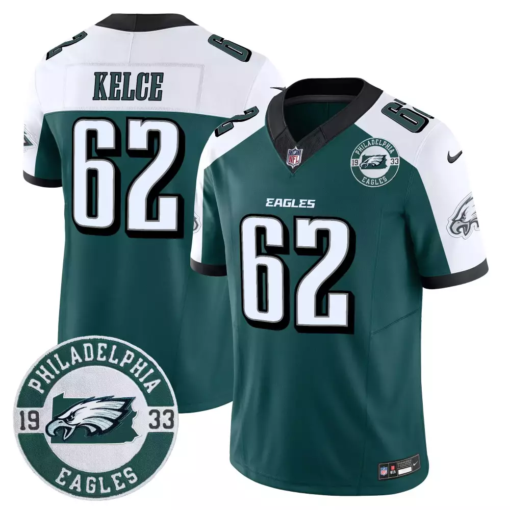 Jason Kelce 62 Jersey Green Philadelphia Eagles 1933 Men White Black Alternate Vapor