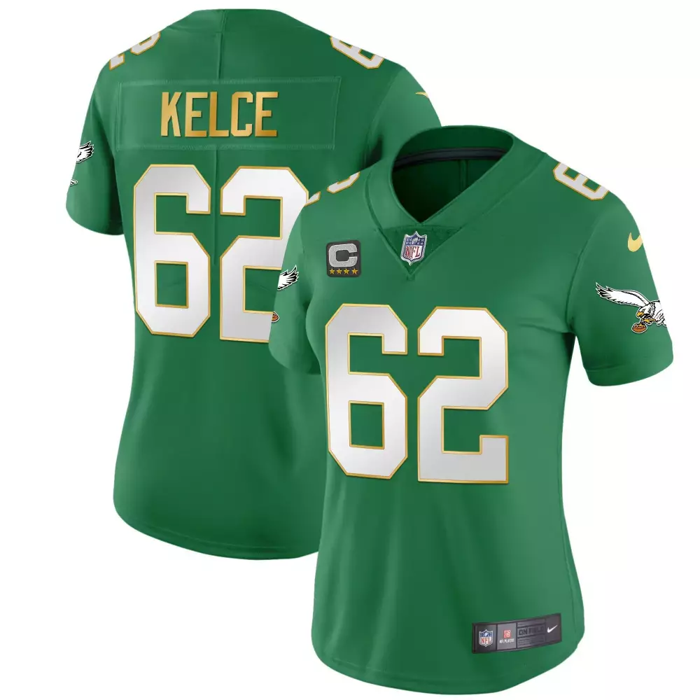 Jason Kelce 62 Jersey Green Alternate Philadelphia Eagles Captain Women Fitted White