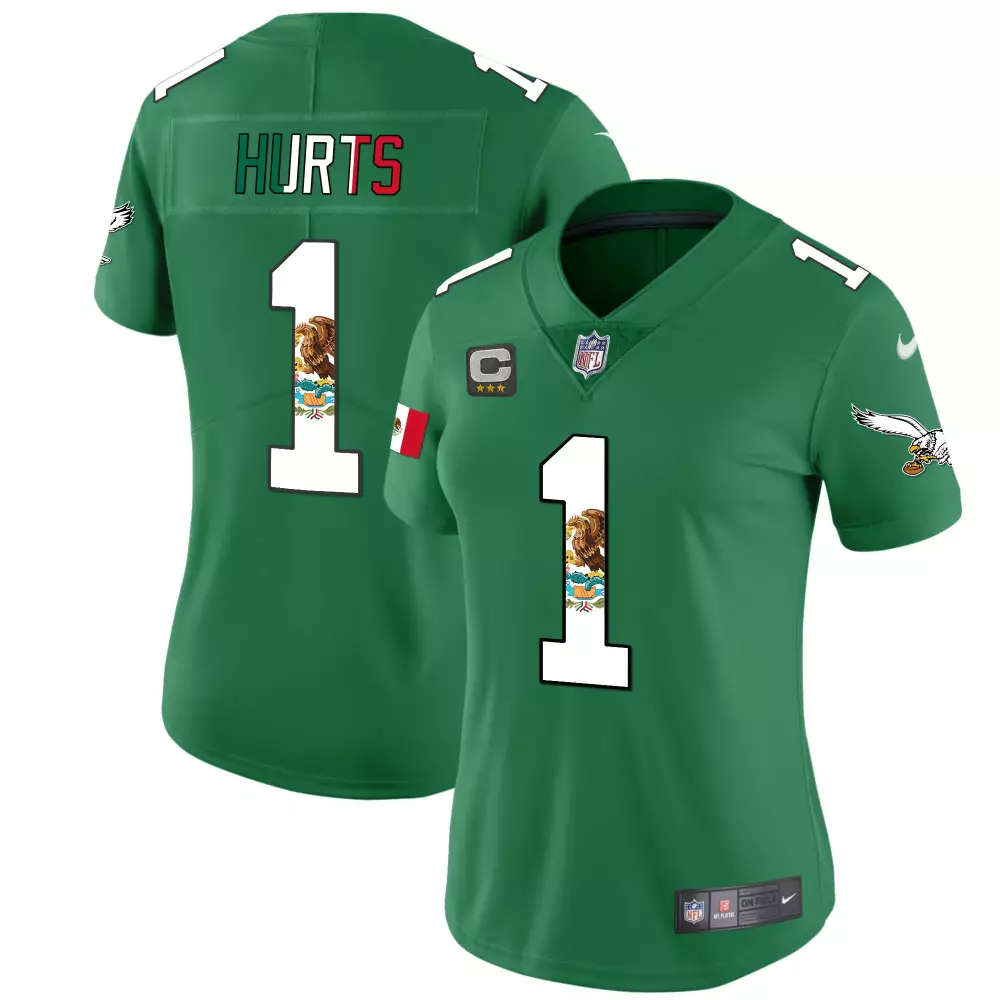 Jalen Hurts 1 Eagles Jersey Green Mexico 2023 Women Player White Red All Stitched