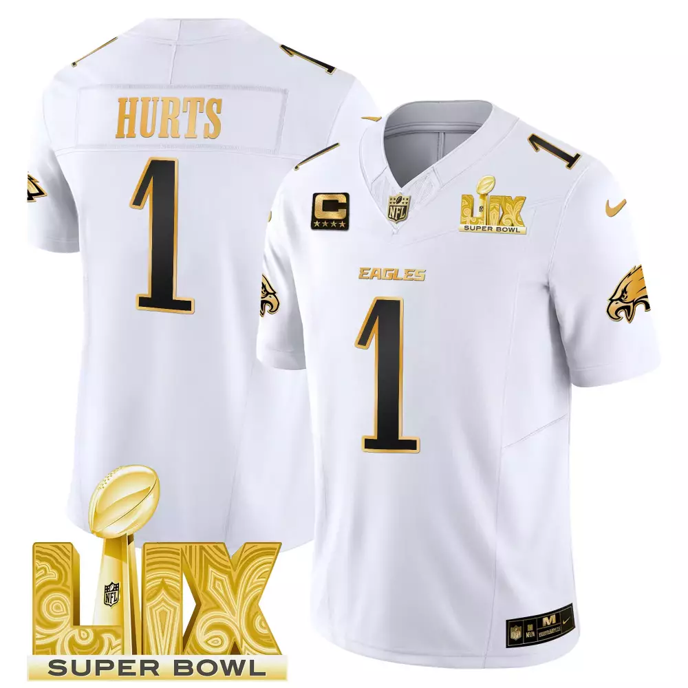 Jalen Hurts 1 Eagles Jersey White Super Bowl Lix 2023 Men Player Black Gold Vapor