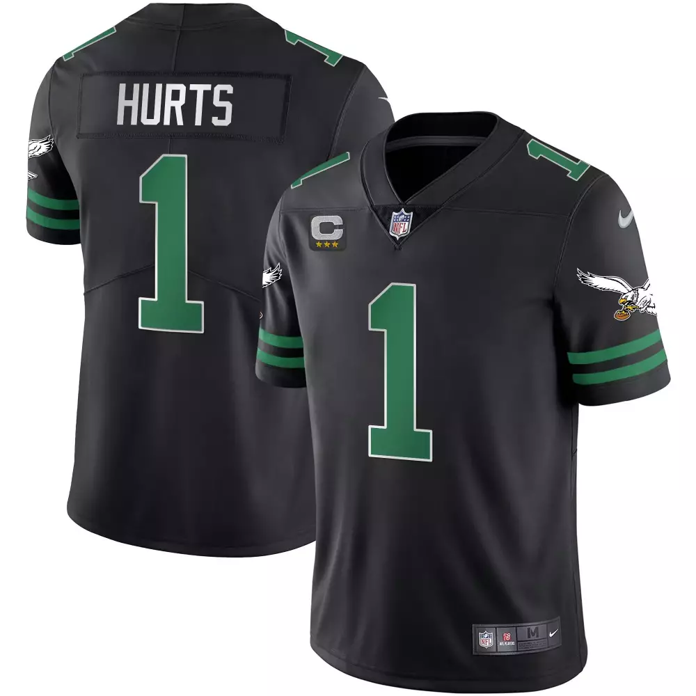 Jalen Hurts 1 Eagles Jersey Black Men Player Green Vapor v2 All Stitched