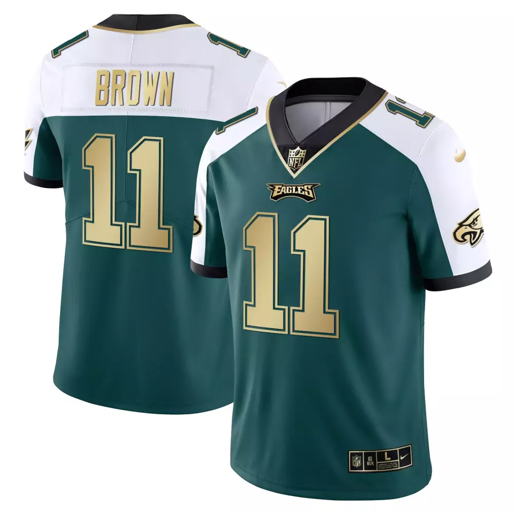 Brown 11 Eagles Jersey Green Men Game White Gold Stitched