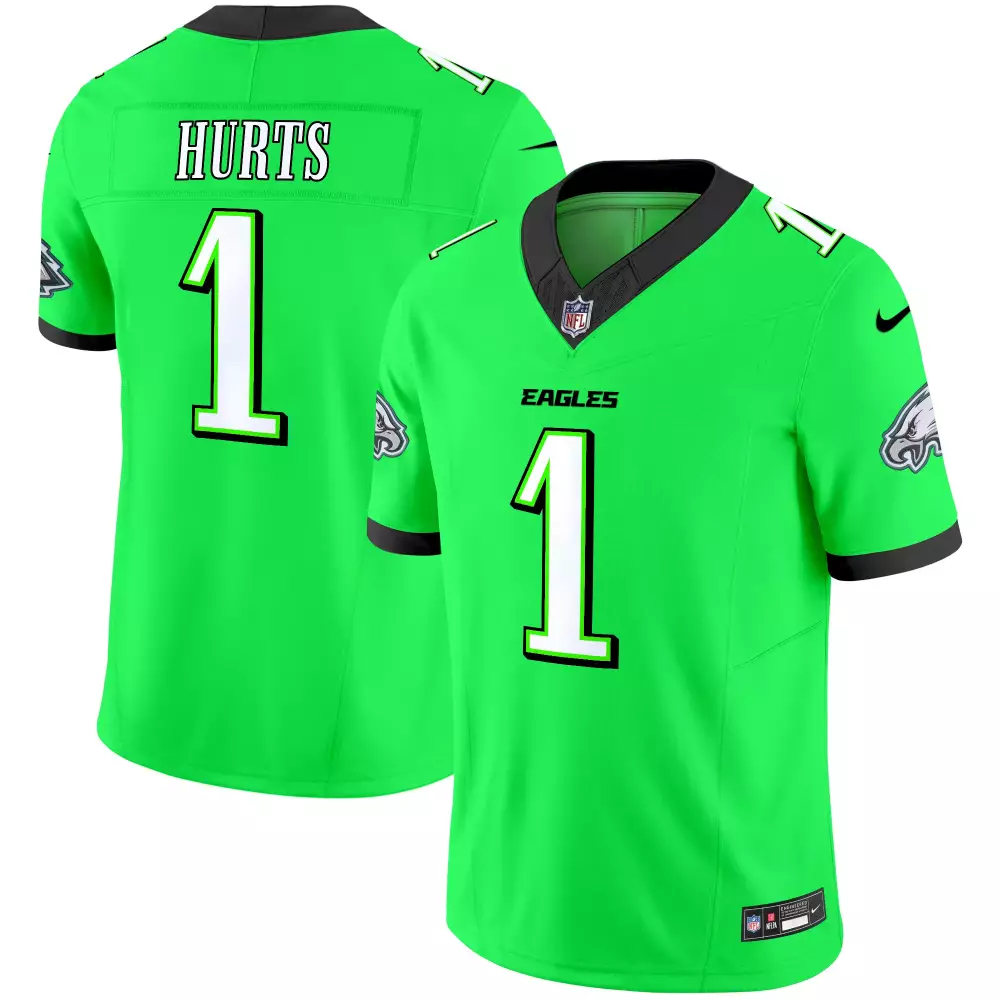 Jalen Hurts 1 Eagles Jersey Bright Green Men NFL Black White Stitched