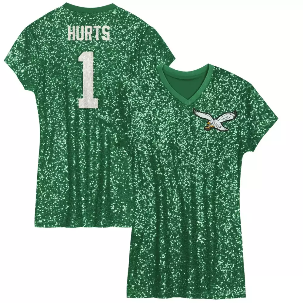Jalen Hurts 1 Philadelphia Eagles Jersey Green Women V-neck T-shirt White