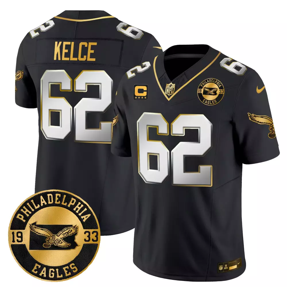 Jason Kelce 62 Jersey Black Blackout Philadelphia Eagles (captain) 1933 Men Gold
