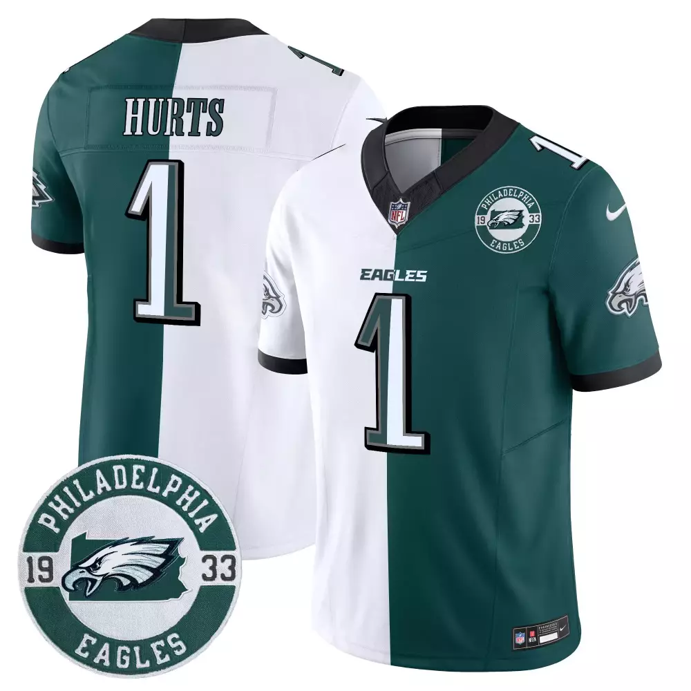 Jalen Hurts 1 Eagles Jersey Green Philadelphia 1933 Men Split Design White Black