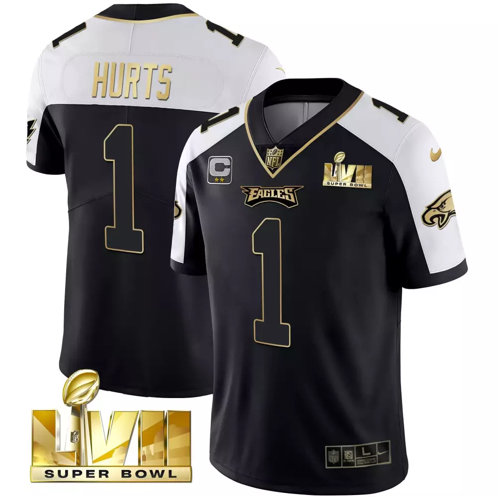 Jalen Hurts 1 Eagles Jersey Black Super Bowl Lvii Men White Gold Alternate Vapor