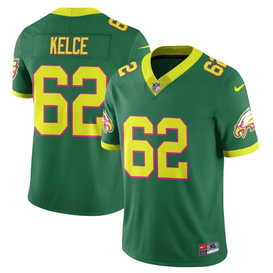 Jason Kelce 62 Jersey Green Philadelphia Eagles Men Alternate Yellow Pink Vapor Limited