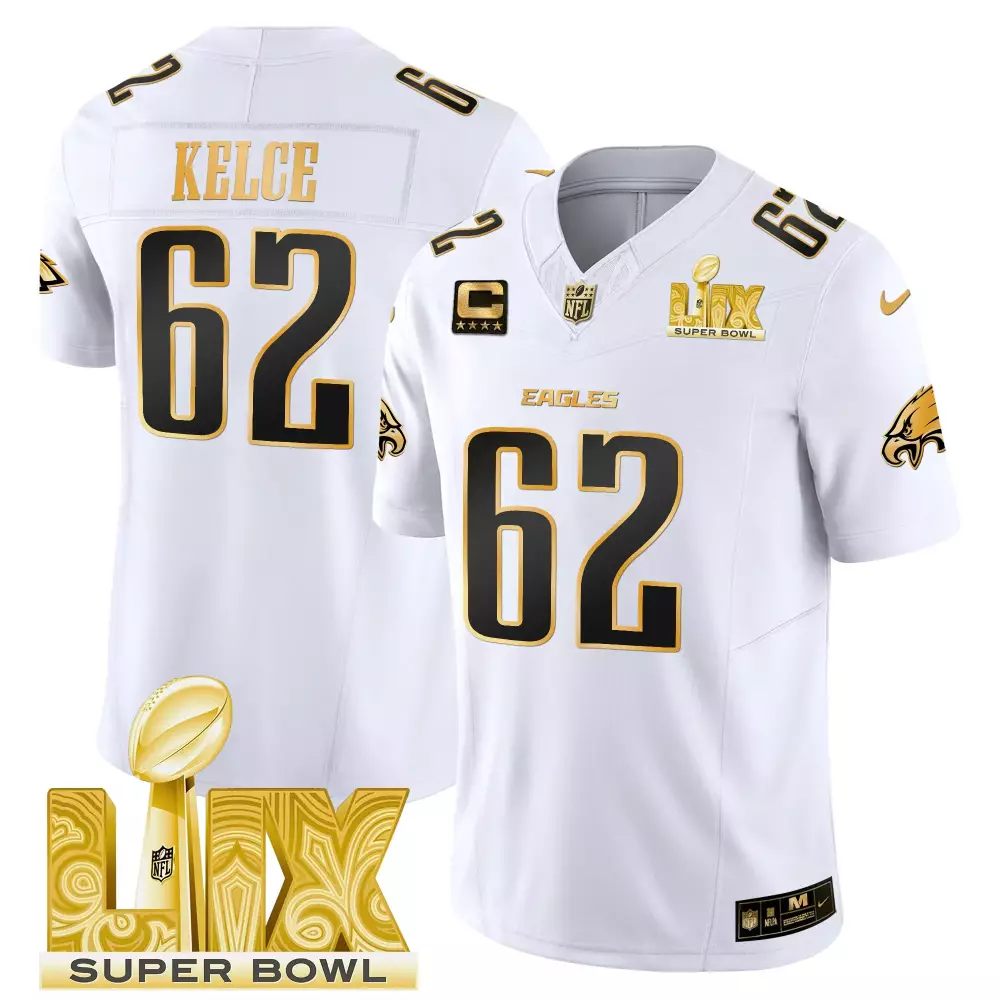 Jason Kelce 62 Eagles Jersey White Super Bowl Lix Men Alternate Black Gold Vapor